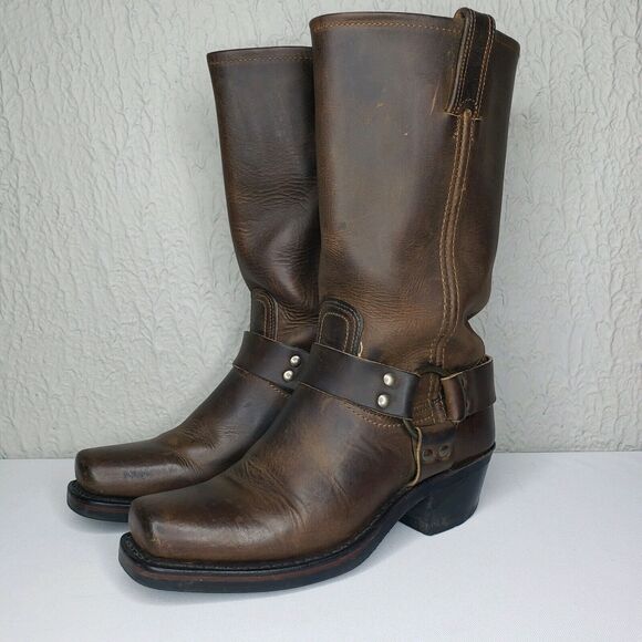 Frye Harness 12R Square Toe Moto Boots Womens 7M Smoke Brown Leather 77300 USA - Picture 16 of 16